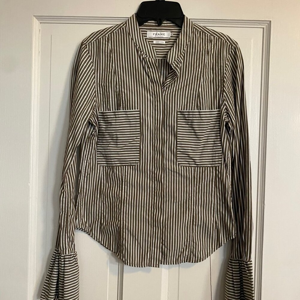Frame Striped Button Down with Ruffle Bell Sleeve SZ XS